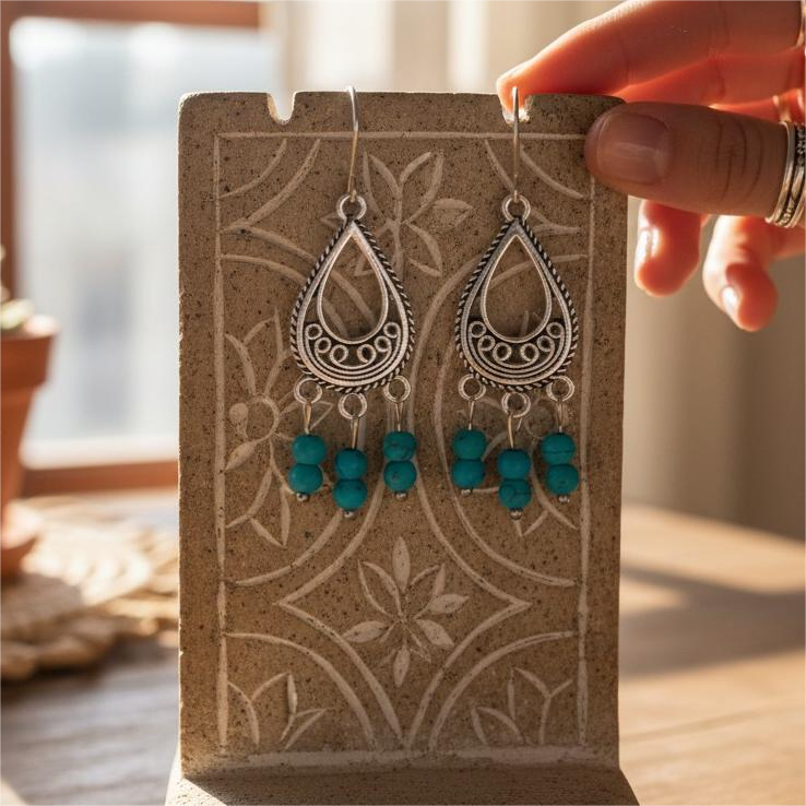 Σκουλαρίκια Χαολίτης Τιρκουάζ Boho Σταγόνα
