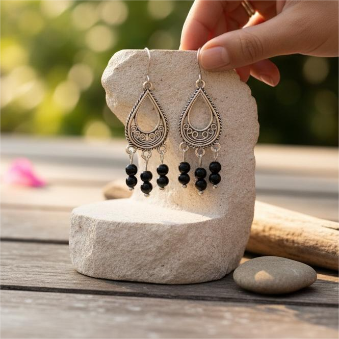Σκουλαρίκια Ονυχίτης Μαύρος Boho Σταγόνα
